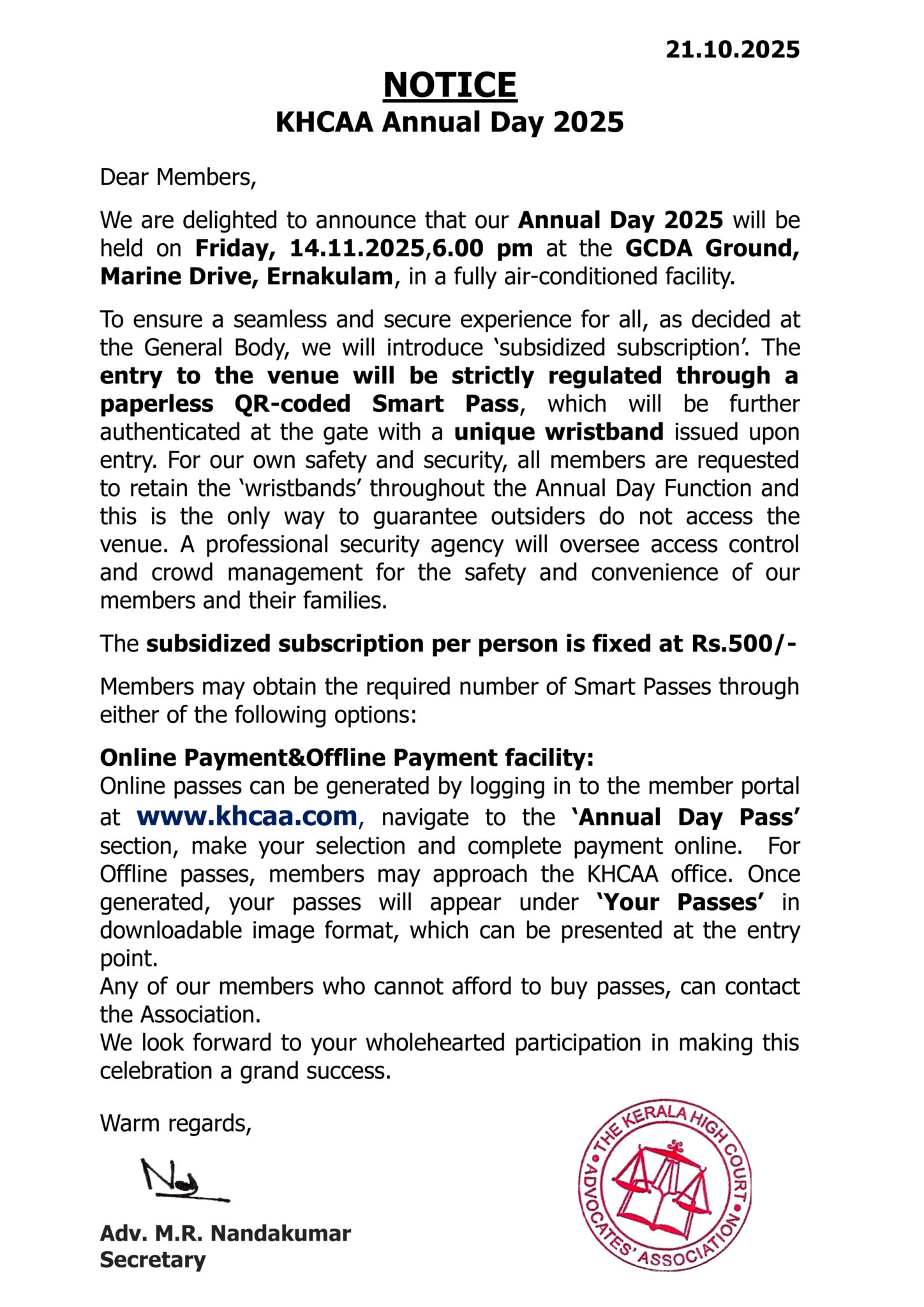 Pass Notice Annual Day – 2025 : Get your passes! – Kerala High Court Advocates ...