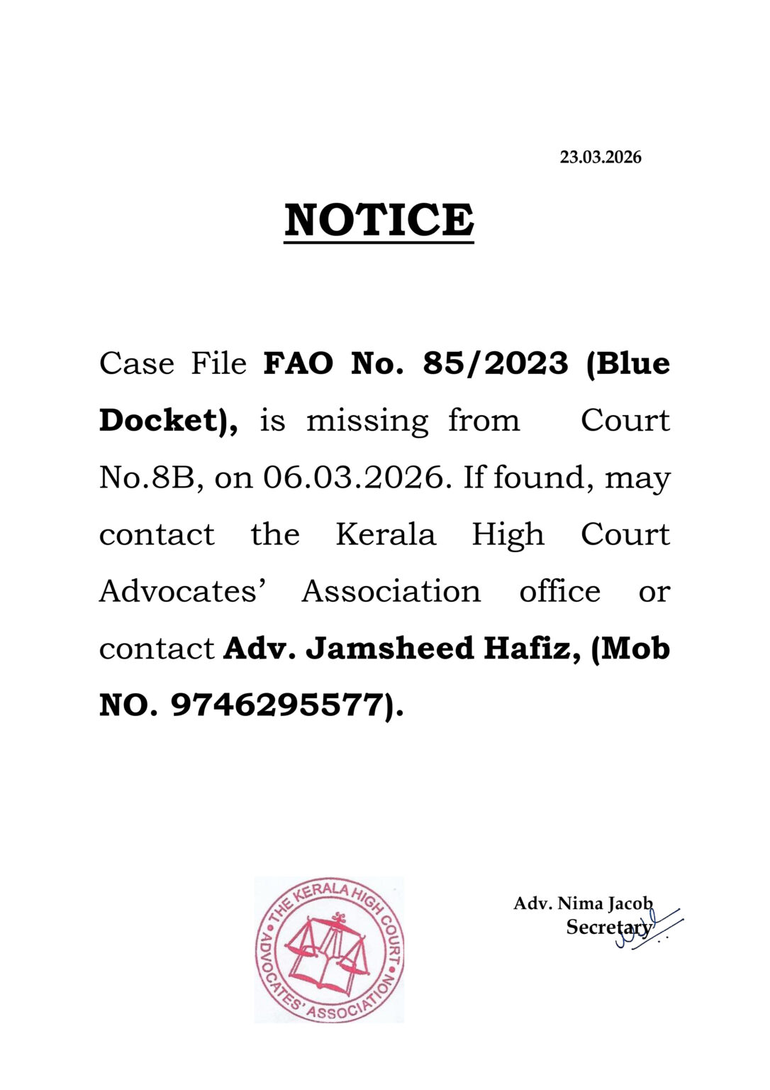 Notice : File Missing – Kerala High Court Advocates' Association